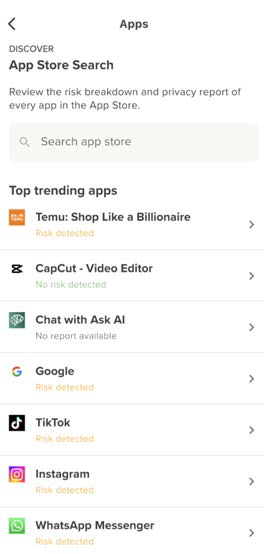 Tall mobile screen screenshot of the App Store Search list showing multiple apps (Temu, CapCut, Chat with Ask AI, Google, TikTok, Instagram, WhatsApp Messenger, etc.) with risk indicators such as Risk detected or No risk detected to the right of each entry