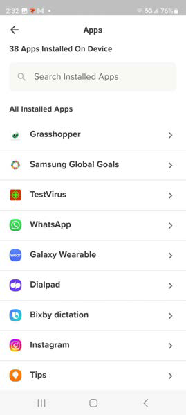 Mobile screenshot showing the Apps list with search field and multiple installed apps such as Grasshopper, WhatsApp, Instagram, and Tips; titled Apps at the top.