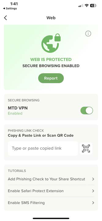 Mobile app Web screen showing a green shield icon with text WEB IS PROTECTED / SECURE BROWSING ENABLED, a green Report button, and a list of settings including an MTD VPN toggle and phishing link check input — tall portrait screenshot with light green header and white settings cards.