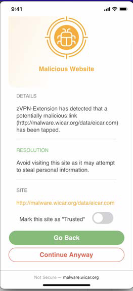 A mobile warning dialog titled Malicious Website showing details, resolution advice, the site URL (malware.wicar.org/data/eicar.com), a Mark this site as 'Trusted' toggle, a green Go Back button and a red Continue Anyway button