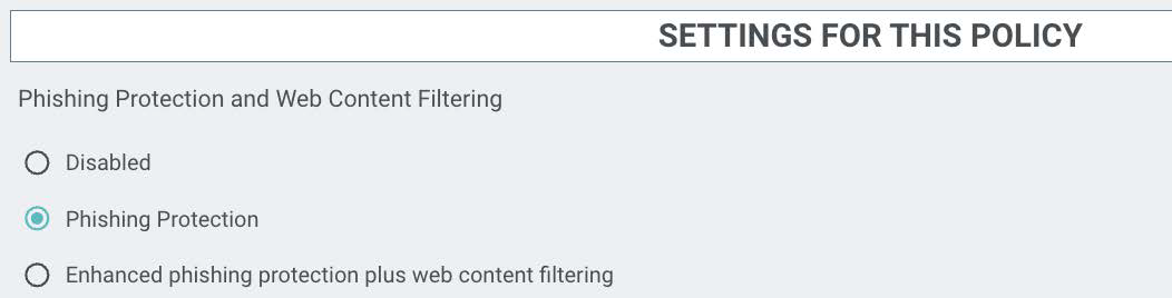 A settings box labeled SETTINGS FOR THIS POLICY showing Phishing Protection and Web Content Filtering with radio options: Disabled; Phishing Protection (selected); Enhanced phishing protection plus web content filtering.