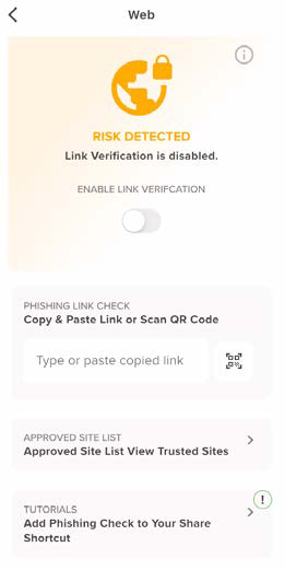 Mobile app screenshot showing the Link Verification screen with a RISK DETECTED banner, text Link Verification is disabled, an ENABLE LINK VERIFICATION toggle (off), and sections for Phishing Link Check and Approved Site List