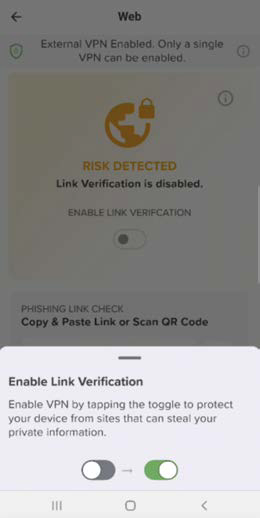 Popup screenshot showing Enable Link Verification dialog with explanatory text and the toggle switched on (green), displayed over the mobile app screen