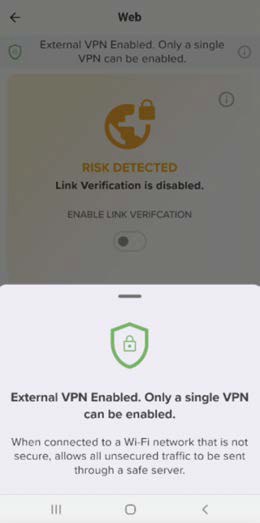Mobile app screenshot showing a “Risk Detected” message and a lower panel stating “External VPN Enabled. Only a single VPN can be enabled.” with a shield icon