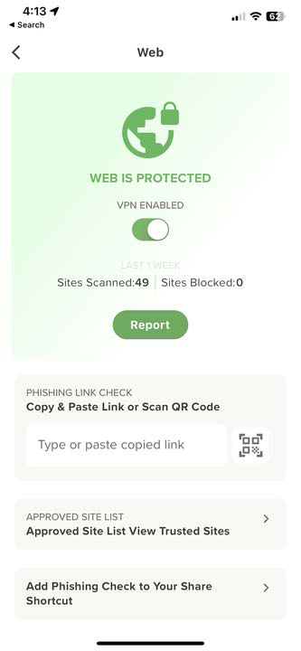 Mobile app screenshot of Web is protected screen showing a green protection banner with a padlock globe icon, text WEB IS PROTECTED, a VPN enabled toggle, Sites Scanned: 49 Sites Blocked: 0, a Report button, and a phishing link check input area