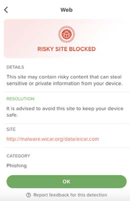 Mobile app screenshot of Risky site blocked screen showing a red alert banner, sections labeled DETAILS and RESOLUTION, the site URL http://malware.wicar.org/data/eicar.com, CATEGORY Phishing, and an OK button
