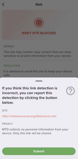 Mobile dialog showing a red RISKY SITE BLOCKED banner with details, resolution text, site URL, privacy note, and a green Submit button