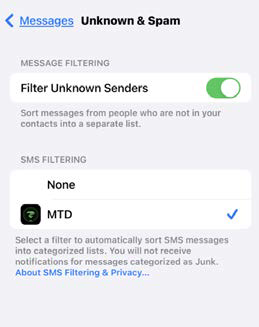 iPhone Unknown & Spam settings screen showing Filter Unknown Senders toggle enabled and SMS filtering option with an app named MTD selected