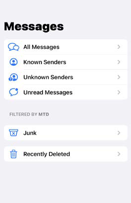 iPhone Messages app list view showing folders: All Messages, Known Senders, Unknown Senders, Unread Messages, and a Filtered by MTD section with Junk and Recently Deleted