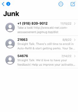 iPhone Junk folder view showing a list of filtered SMS messages with sender phone numbers and message previews