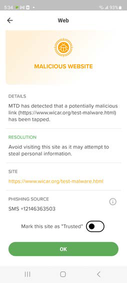 Mobile screenshot showing a Trellix alert for a malicious website with details including site URL, phishing source SMS phone number, a toggle to mark the site as trusted, and an OK button