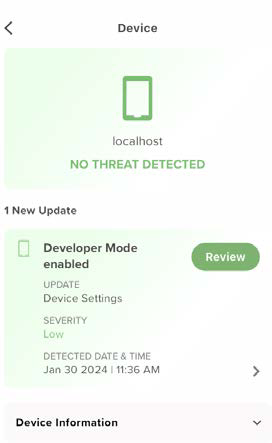 Left screenshot — Device screen with green header showing a phone icon, label localhost, and NO THREAT DETECTED. Below, a card showing Developer Mode enabled and a Review button; device information section at the bottom.