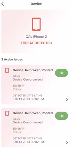 Right screenshot — Device screen with red/pink header showing a phone icon, label QAs-iPhone-2 and THREAT DETECTED. Below, list cards showing critical issues like Device Jailbroken/Rooted with Fix buttons.