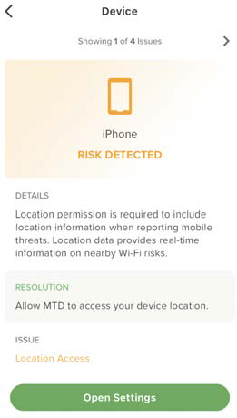 Tall screenshot — Detailed issue screen titled Device with phone icon and RISK DETECTED. Sections shown: DETAILS explaining location permission is required when reporting mobile threats; RESOLUTION recommending allowing MTD to access device location; ISSUE labeled Location Access. At the bottom a green rounded Open Settings button is visible.
