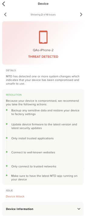 Mobile device screenshot showing a THREAT DETECTED screen for QA-s-iPhone-2 with a red title bar, device icon, details and a green resolution/recommendations box