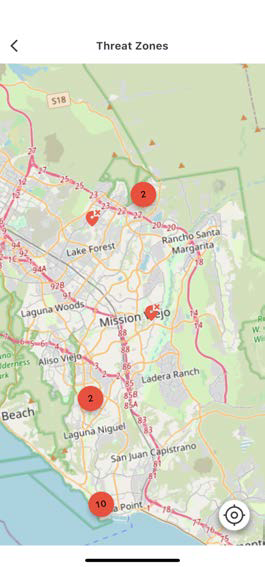 Mobile map screenshot showing nearby high-risk access points with red numbered markers on a map of the area; a smartphone viewport with map controls visible.