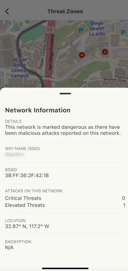 Mobile app screenshot showing a phone mockup with a map at top and a Network Information details panel below, titled Threat Zones.