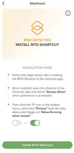 Mobile screen showing an installation guide titled RISK DETECTED INSTALL MTD SHORTCUT with descriptive bullets and a green Install MTD Shortcut button at the bottom