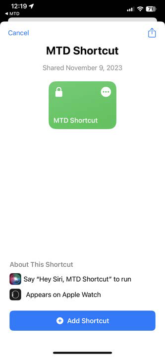 MTD Shortcut install dialog with a green shortcut tile in the center and a blue Add Shortcut button near the bottom