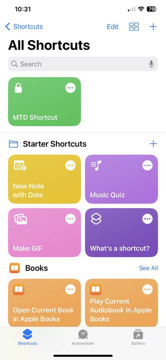 All Shortcuts screen showing a green MTD Shortcut tile and a search bar.