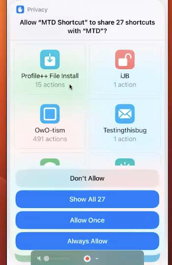 Privacy dialog asking Allow 'MTD Shortcut' to share 27 shortcuts with 'MTD'? showing several shortcut tiles and the buttons Don't Allow, Show All 27, Allow Once, and Always Allow.