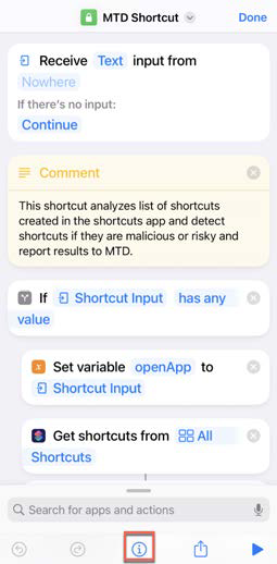 iPhone Shortcuts workflow screenshot showing the MTD Shortcut actions list and the info/tab icon highlighted