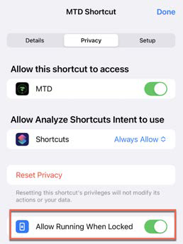 iPhone shortcut privacy settings screen showing Allow Running When Locked toggle turned on