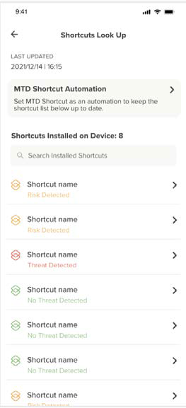 Small screenshot of a Shortcuts Look Up screen showing LAST UPDATED 2021/12/14 | 16:15 and a card labeled MTD Shortcut Automation