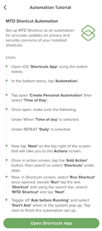 Tall mobile screenshot titled Automation Tutorial showing step-by-step instructions for setting up MTD Shortcut Automation with green bullet points and a green Open Shortcuts App button at the bottom