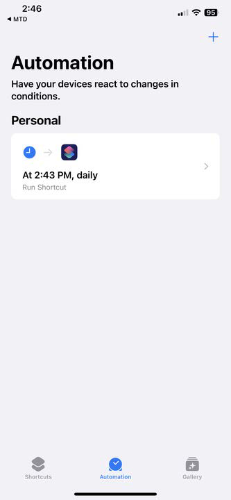 Screenshot of the Shortcuts app Automation tab showing a Personal automation card at 2:43 PM, displayed inside a phone-shaped mockup