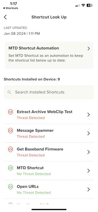 Mobile screenshot of the Shortcut Look Up screen showing a list of installed shortcuts with colored risk indicators and labels such as Threat Detected and No Threat Detected