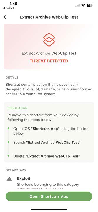 Mobile screenshot titled Extract Archive WebClip Test showing a red THREAT DETECTED banner, DETAILS and RESOLUTION instructions with steps to open the Shortcuts app and delete the shortcut, and a green Open Shortcuts App button