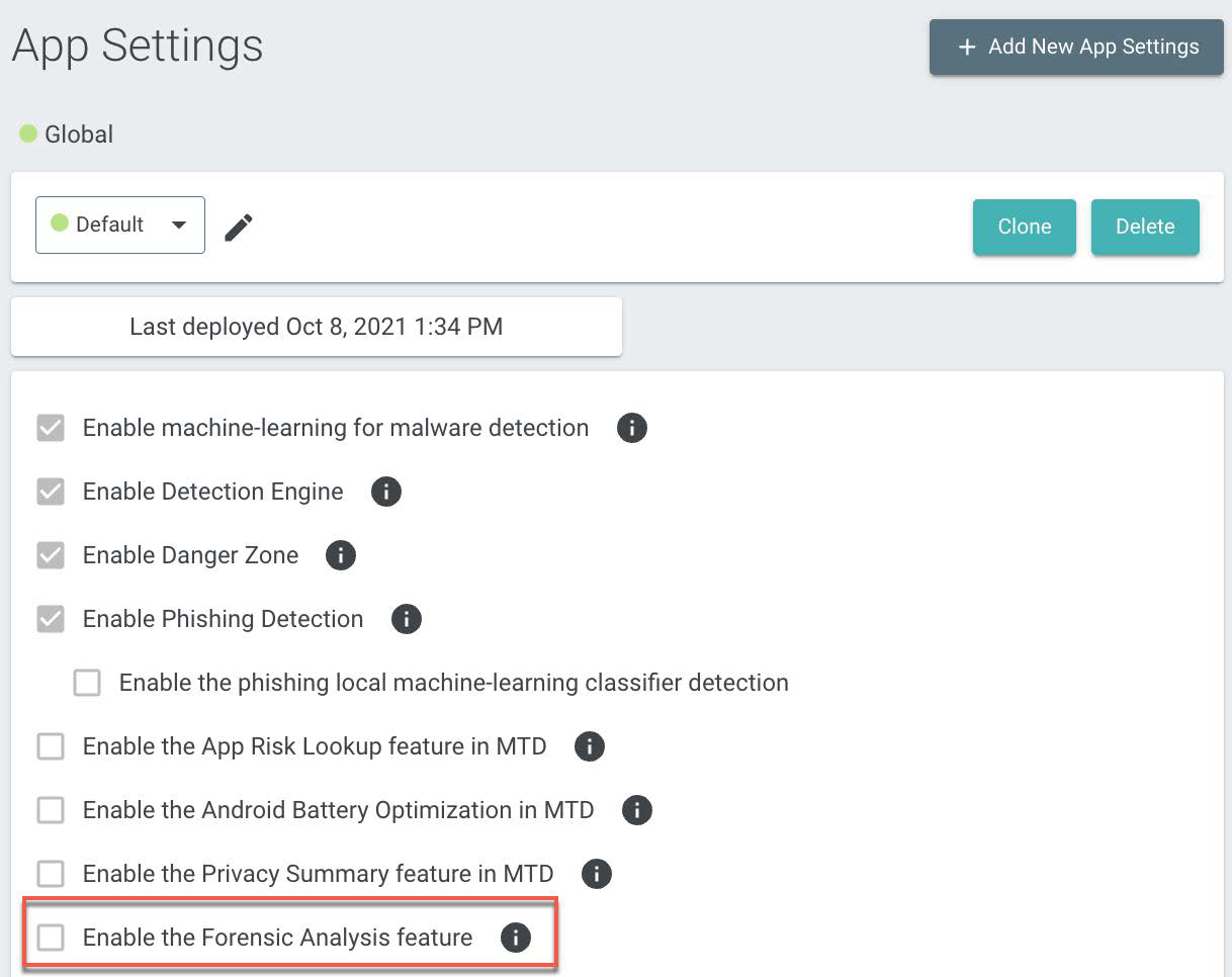 Screenshot of the App Settings panel in Trellix Mobile Security Console showing various feature checkboxes; the Enable the Forensic Analysis feature checkbox is highlighted with a red outline.