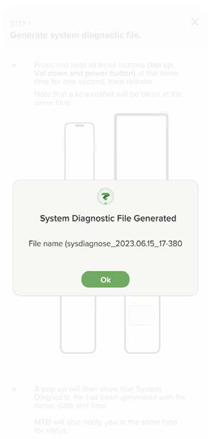 Popup titled System Diagnostic File Generated showing file name and an Ok button.