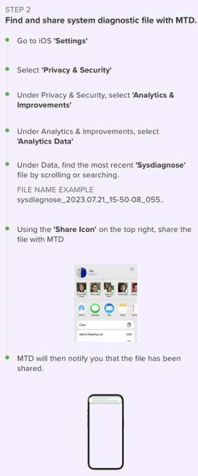 Tall screenshot of the Find and share system diagnostic file with MTD instructions on iOS — purple-tinted panel showing bullet steps, example file name, share icon and a share sheet preview
