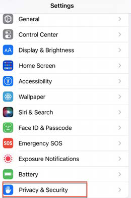 iOS Settings screen screenshot showing the list of settings with Privacy & Security highlighted