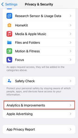 iPhone Settings Privacy & Security screen listing Research Sensor & Usage Data, HomeKit, Media & Apple Music, Files and Folders, Motion & Fitness, Focus, Safety Check, and Analytics & Improvements highlighted with a red outline