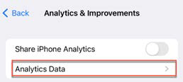Analytics & Improvements screen showing Share iPhone Analytics toggle at top and the Analytics Data row highlighted with a red outline