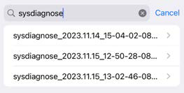 Search view showing sysdiagnose in the search box and a list of timestamped sysdiagnose files (e.g., sysdiagnose_2023.11.14_15-04-02-..., sysdiagnose_2023.11.15_12-50-28-..., sysdiagnose_2023.11.15_13-02-46-...)