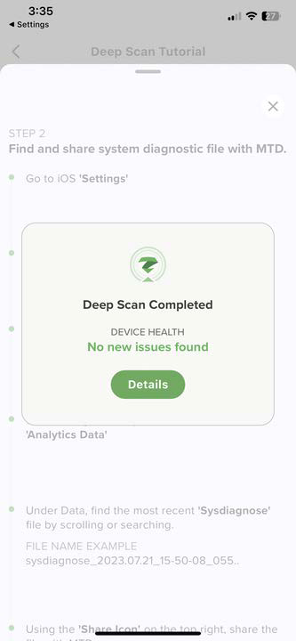 Mobile app screenshot showing a popup titled Deep Scan Completed with subtitle DEVICE HEALTH No new issues found and a green Details button