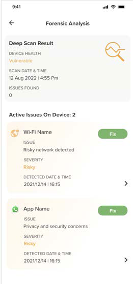 Mobile screenshot of the Forensic Analysis results showing a Deep Scan Result card, a list of active issues with severity labels, and Fix buttons beside each issue