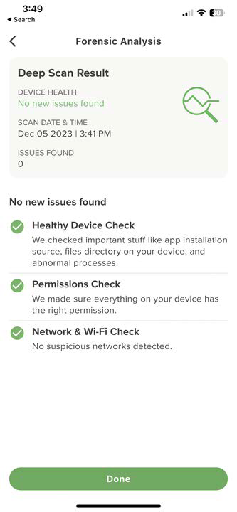 Forensic Analysis detailed report screenshot showing Deep Scan Result card, list of checks with green check icons (Healthy Device Check, Permissions Check, Network & Wi‑Fi Check), issues found = 0, and a green Done button at the bottom