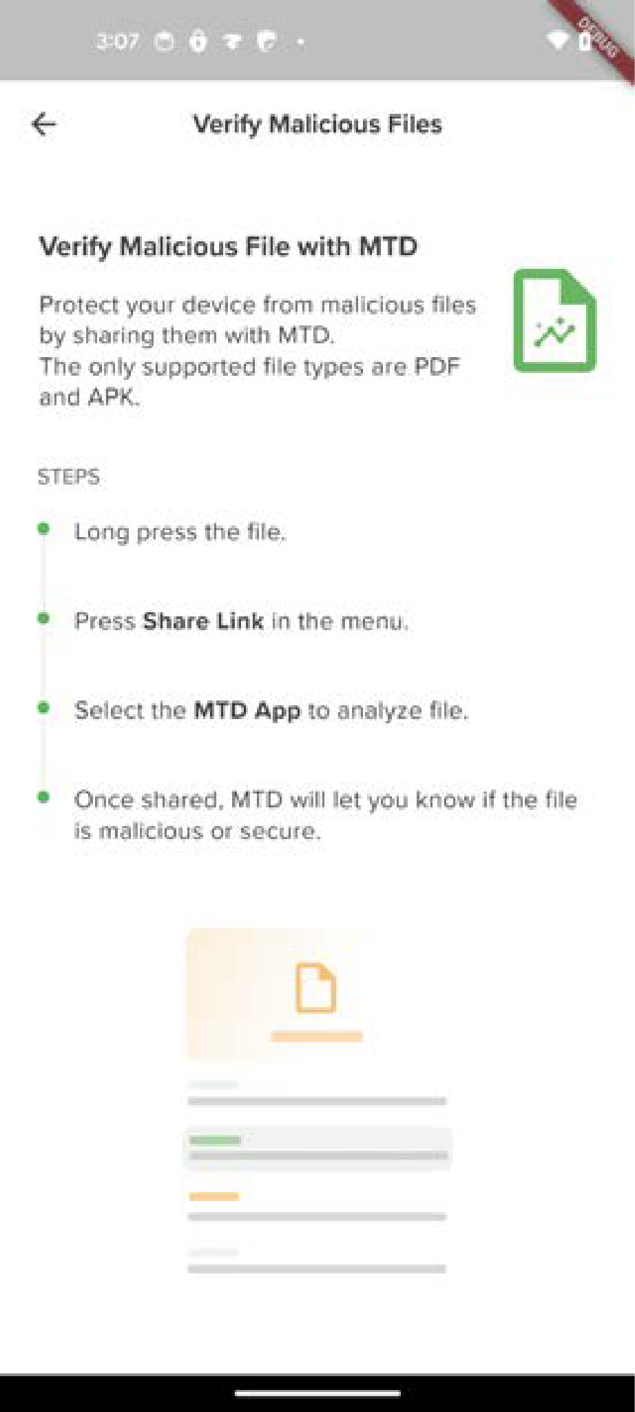 Android screenshot showing a Verify Malicious File with MTD tutorial with steps (long press the file, press Share Link, select the MTD app) and icons
