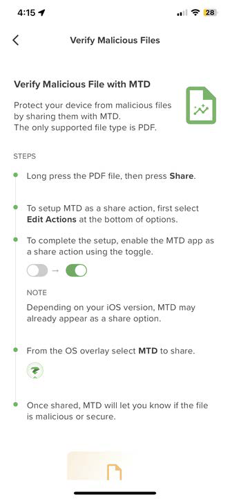 iOS screenshot showing a Verify Malicious File with MTD tutorial with steps (long press the PDF, press Share, enable MTD as a share action) and icons