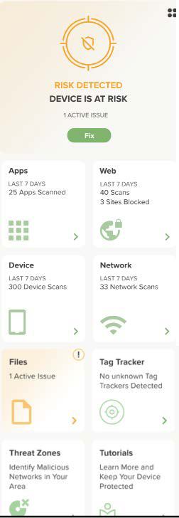 Tall smartphone screenshot of the Trellix Mobile Security app showing a beige header with a circular target icon and text RISK DETECTED DEVICE IS AT RISK, a green Fix button, and a grid of tiles for Apps, Web, Device, Network, Files, Tag Tracker, Threat Zones, and Tutorials with green icons.