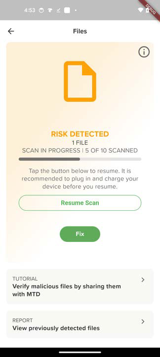 Mobile app Files screen showing a document icon, text RISK DETECTED 1 FILE, progress SCAN IN PROGRESS | 5 OF 10 SCANNED, a Resume Scan outlined button and a green Fix button; also contains tutorial and report tiles at the bottom