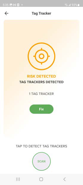 Mobile app screenshot showing Tag Tracker main screen with orange target icon, RISK DETECTED and TAG TRACKERS DETECTED text and a green Fix button at bottom