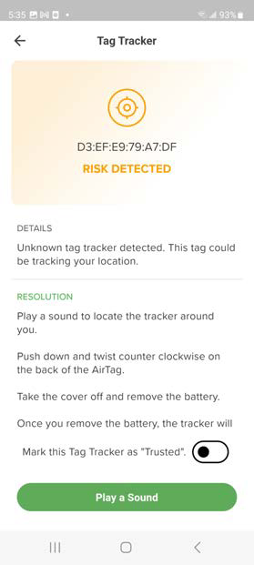 Mobile app screenshot showing Tag Tracker details screen with target icon, an AirTag ID (MAC-like string), RISK DETECTED and resolution details with a Play a Sound button