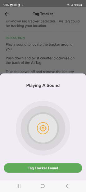 Mobile app screenshot showing a dimmed Tag Tracker screen with modal Playing A Sound and a circular sound animation and Tag Tracker Found button