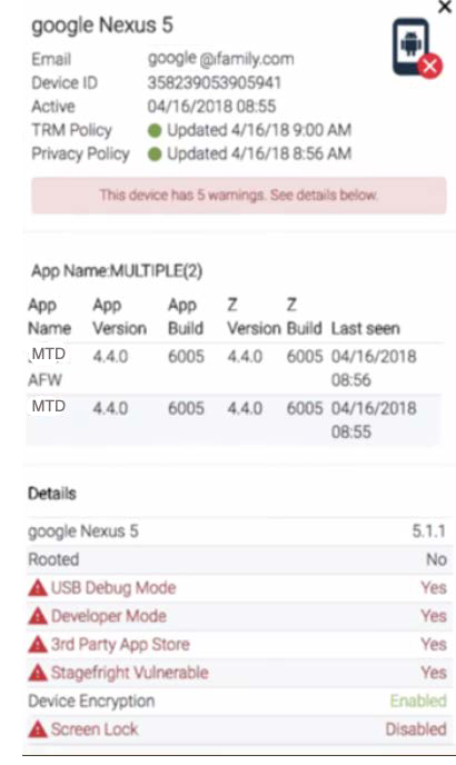 Tall vertical screenshot of Trellix Mobile Console device details (google Nexus 5) showing device summary, app list, warnings icons, and detailed device properties